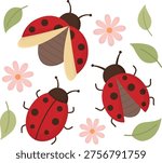 Ladybugs with wings in different positions surrounded by flowers and leaves. Bright insects isolated on white background. 