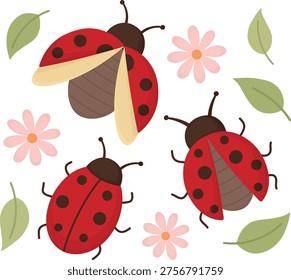 Ladybugs with wings in different positions surrounded by flowers and leaves. Bright insects isolated on white background. 