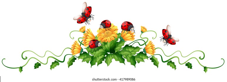 Ladybugs and yellow flowers illustration
