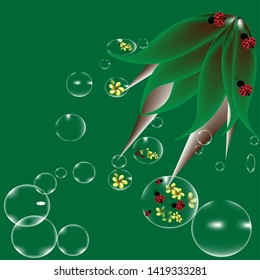 Ladybugs and yellow flowers inside bubbles pattern on green background wallpaper design.Vector illustration.