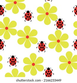 Ladybugs y flores amarillas patrón sin fisuras, insectos lindos y plantas en la ilustración vectorial de fondo blanco