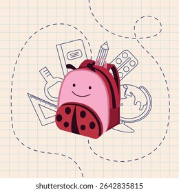  Ladybug-Themed School Backpack for Kids on Graph Paper Background – with School Supplies – Back to School Illustration
