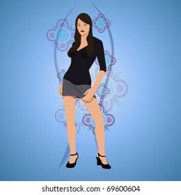 lady/model in black/blue on blue background vector illustration