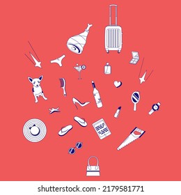 
Lady's bag. The contents of a women's bag. Small dog, glasses, lipstick, perfume, jamon, flip flops, wine bottle, hat, heart, martini glass, saw, panties, suitcase. Flat vector illustrations icon