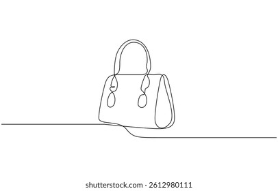 Lady's bag single line art vector illustration. Woman bag continuous one line drawing, Shopping bag icon continuous one line drawing outline vector.