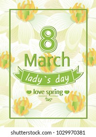 Lady's day love spring 8 March calligraphy dedicated to International holiday, decorated by heart and ribbon vector greeting card on flourish blossoms