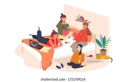 Lady's party at home flat vector illustration. Young girls girlfriends have fun at home, drink wine, chat and laugh. Close friends share secrets. Girlish gatherings at home. Cartoon characters.