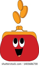 A Lady's Red Money Purse With Golden Frame And Clutch Type Has A Face With Eyes Rolled Up, Tongue Stuck Out, And Golden Coins Jumping Out Of It While Laughing, Vector, Color Drawing Or Illustration.