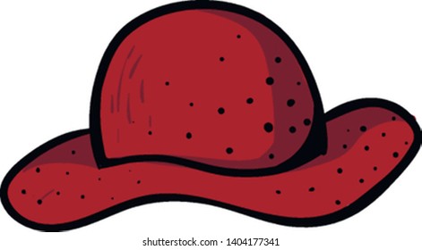 A lady's red summer hat with eye-catchy black spot designs perfect for outdoor adventures, holiday outfits, and adequate sun protection, vector, color drawing or illustration.