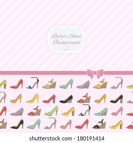 Lady's shoes background with diagonal lines and ribbon. Pink polka dot back.