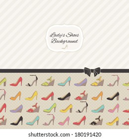 Lady's shoes background with diagonal lines and ribbon. Beige polka dot back.