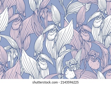 Lady's slipper orchid. Cypripedioideae. Seamless pattern, background. Vector illustration. In botanical style.