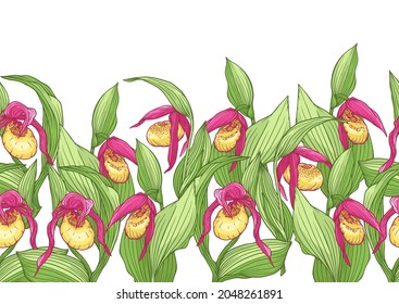 Marias Slipper-Orchidee. Nahtloses Muster, Hintergrund. Vektorgrafik im botanischen Stil