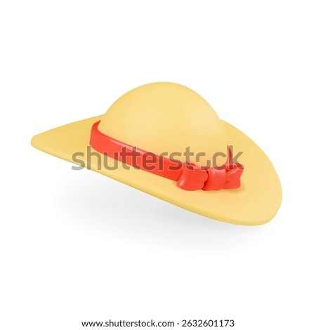 Lady's summer straw hat with red ribbon. Beach woman hat, travel panama 3d render vector icon illustration