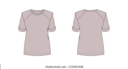 Lady's top, short sleeve with cuff, crew neck, flat sketch, front and back views