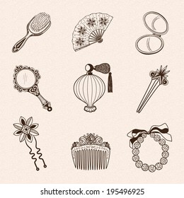 Lady's vintage beauty accessories collection. Hand drawn vintage style. Eps 10 vector illustration.