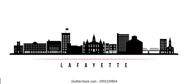 Lafayette Skyline horizontalen Banner. Schwarz-Weiß-Silhouette von Lafayette, Louisiana. Vektorvorlage für Ihr Design. 