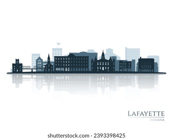 Silueta de skyline de Lafayette con reflexión. Paisaje Lafayette, Indiana. Ilustración vectorial.