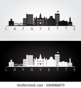 Lafayette USA skyline and landmarks silhouette, black and white design, vector illustration.