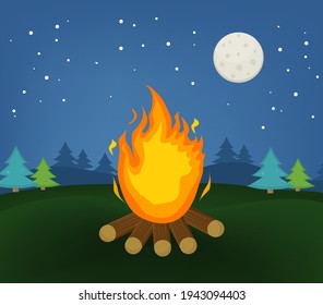 Lag Baomer bonfire in the forest, Lag B'Omer Jewish holiday, camping concept. Vector illustration