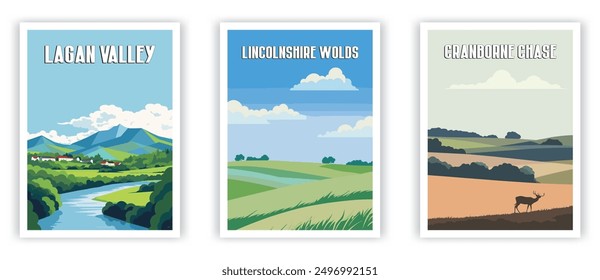 Lagan Valley, Lincolnshire Wolds, Cranborne Chase Illustration Art. Travel Poster Wall Art. Minimalist Vector art