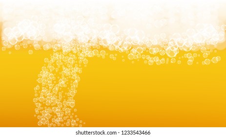 Lager beer. Background with craft splash. Oktoberfest foam. Cold pint of ale with realistic white bubbles. Cool liquid drink for pab banner template. Gold mug with lager beer.