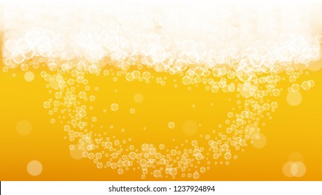 Lager beer. Background with craft splash. Oktoberfest foam. Festive pint of ale with realistic white bubbles. Cool liquid drink for bar flyer design. Orange glass with lager beer.