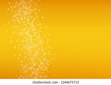 Lager beer. Background with craft splash. Oktoberfest foam. restaurant flyer design. German pint of ale with realistic white bubbles. Cool liquid drink for Orange cup with lager beer.