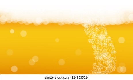Lager beer. Background with craft splash. Oktoberfest foam. Pale pint of ale with realistic white bubbles. Cool liquid drink for bar menu layout. Yellow mug with lager beer.