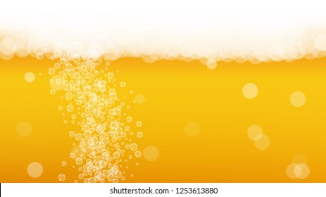 Lager beer. Background with craft splash. Oktoberfest foam. German pint of ale with realistic white bubbles. Cool liquid drink for pub menu layout. Yellow cup with lager beer.