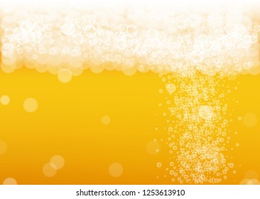 Lager beer. Background with craft splash. Oktoberfest foam. Pour pint of ale with realistic white bubbles. Cool liquid drink for pub banner template. Orange glass with lager beer.