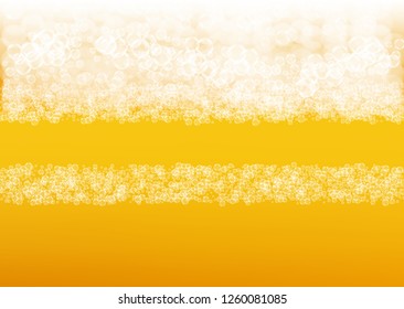 Lager beer. Background with craft splash. Oktoberfest foam. pub flyer layout. Pale pint of ale with realistic white bubbles. Cool liquid drink for Gold glass with lager beer.