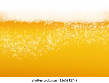 Lager beer. Background with craft splash. Oktoberfest foam. Pale pint of ale with realistic white bubbles. Cool liquid drink for restaurant flyer layout. Orange mug with lager beer.