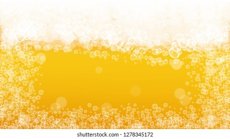 Lager beer. Background with craft splash. Oktoberfest foam. Froth pint of ale with realistic white bubbles. Cool liquid drink for bar banner concept. Yellow glass with lager beer.