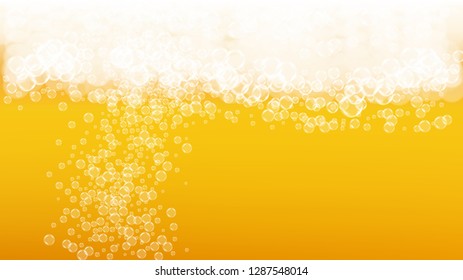 Lager beer. Background with craft splash. Oktoberfest foam. pab flyer template. Bavarian pint of ale with realistic white bubbles. Cool liquid drink for Orange bottle with lager beer.
