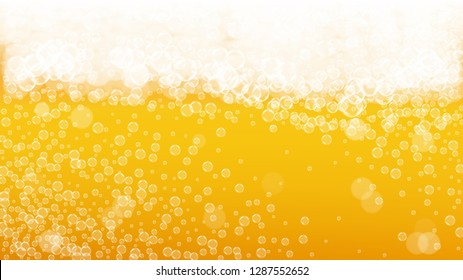 Lager beer. Background with craft splash. Oktoberfest foam. Bavarian pint of ale with realistic white bubbles. Cool liquid drink for bar menu layout. Golden cup with lager beer.