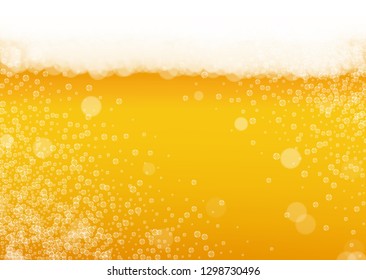Lager beer. Background with craft splash. Oktoberfest foam. Fresh pint of ale with realistic white bubbles. Cool liquid drink for bar menu concept. Yellow cup with lager beer.