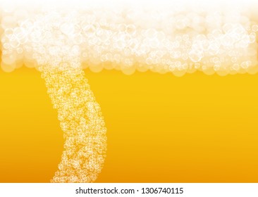 Lager beer. Background with craft splash. Oktoberfest foam. Czech pint of ale with realistic white bubbles. Cool liquid drink for pab flyer template. Golden glass with lager beer.