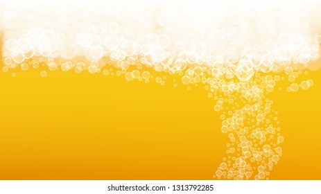 Lager beer. Background with craft splash. Oktoberfest foam. pub banner design. Froth pint of ale with realistic white bubbles. Cool liquid drink with lager beer.