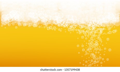 Lager beer. Background with craft splash. Oktoberfest foam. Cold pint of ale with realistic white bubbles. Cool liquid drink for restaurant banner concept. Golden bottle with lager beer.