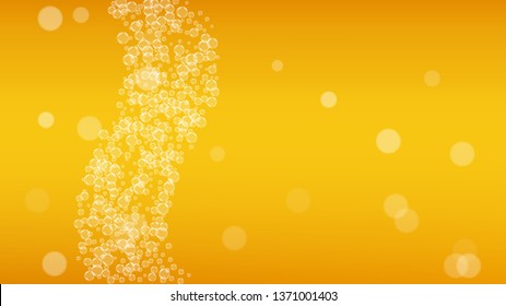 Lager beer. Background with craft splash. Oktoberfest foam. Fresh pint of ale with realistic white bubbles. Cool liquid drink for pab banner layout. Orange mug with lager beer.