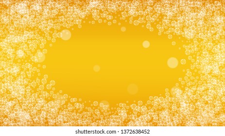 Lager beer. Background with craft splash. Oktoberfest foam. Pale pint of ale with realistic white bubbles. Cool liquid drink for pab menu layout. Orange jug with lager beer.