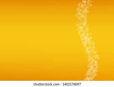 Lager beer. Background with craft splash. Oktoberfest foam. pub menu template. Shiny pint of ale with realistic white bubbles. Cool liquid drink for Orange glass with lager beer.