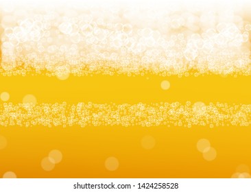 Lager beer. Background with craft splash. Oktoberfest foam. Froth pint of ale with realistic white bubbles. Cool liquid drink for restaurant menu template. Golden mug with lager beer.