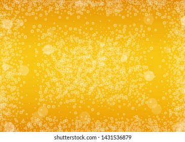 Lager beer. Background with craft splash. Oktoberfest foam. Shiny pint of ale with realistic white bubbles. Cool liquid drink for pab menu design. Gold jug with lager beer.