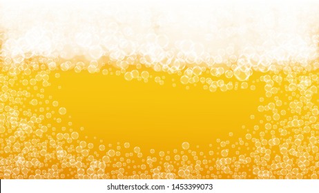 Lager beer. Background with craft splash. Oktoberfest foam. restaurant flyer layout. Festive pint of ale with realistic white bubbles. Cool liquid drink for Orange jug with lager beer.