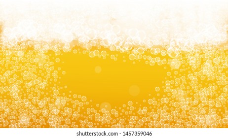 Lager beer. Background with craft splash. Oktoberfest foam. Fresh pint of ale with realistic white bubbles. Cool liquid drink for pab banner template. Orange mug with lager beer.