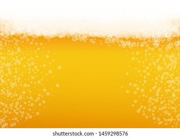 Lager beer. Background with craft splash. Oktoberfest foam. restaurant banner template. Shiny pint of ale with realistic white bubbles. Cool liquid drink for Golden bottle with lager beer.