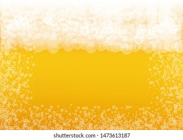 Lager beer. Background with craft splash. Oktoberfest foam. Froth pint of ale with realistic white bubbles. Cool liquid drink for restaurant banner design. Gold cup with lager beer.