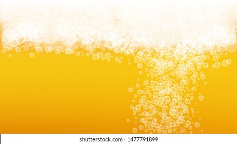 Lager beer. Background with craft splash. Oktoberfest foam. restaurant menu template. Hipster pint of ale with realistic white bubbles. Cool liquid drink for Golden cup with lager beer.